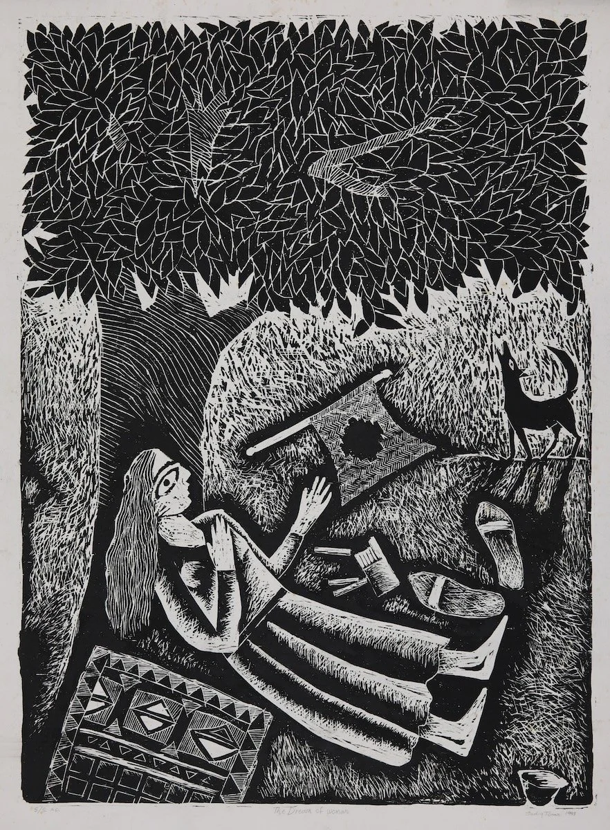 A black and white illustration of a woman lying under a large leafy tree, holding a palette and brush, with a bird in the branches and a dog nearby, surrounded by various objects.