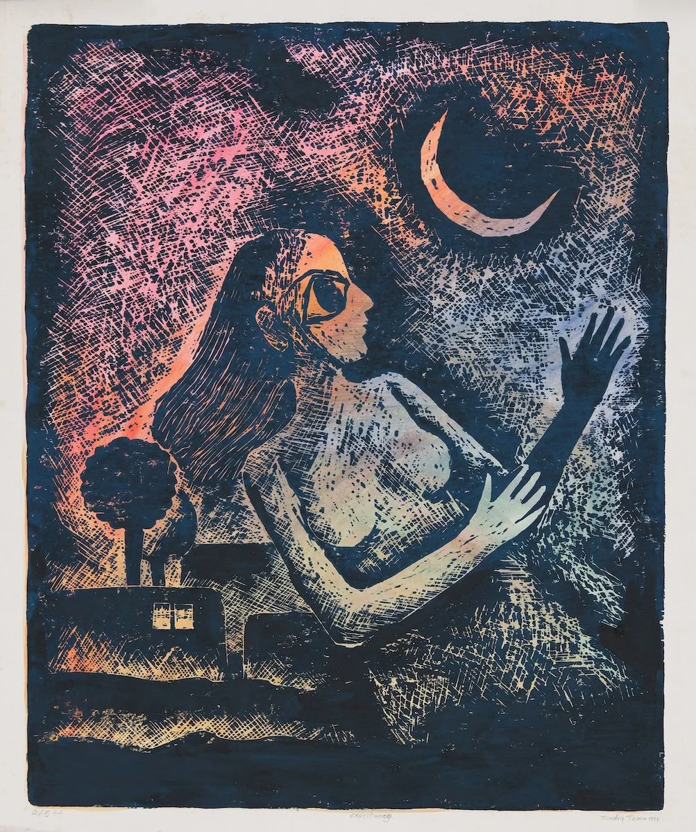 A stylized artwork of a woman with glasses and a ponytail, reaching towards a crescent moon in a starry night sky. There is a house and a tree in the background.