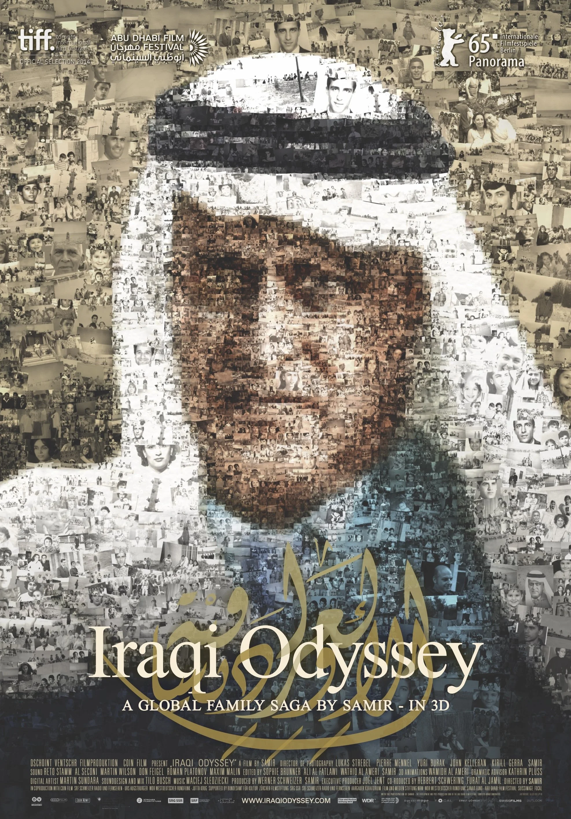 Poster for the film 'Iraqi Odyssey' featuring a mosaic portrait of a young man wearing a keffiyeh, created from many smaller black-and-white photos of people and scenes related to Iraq. The poster includes festival logos and text about the film.