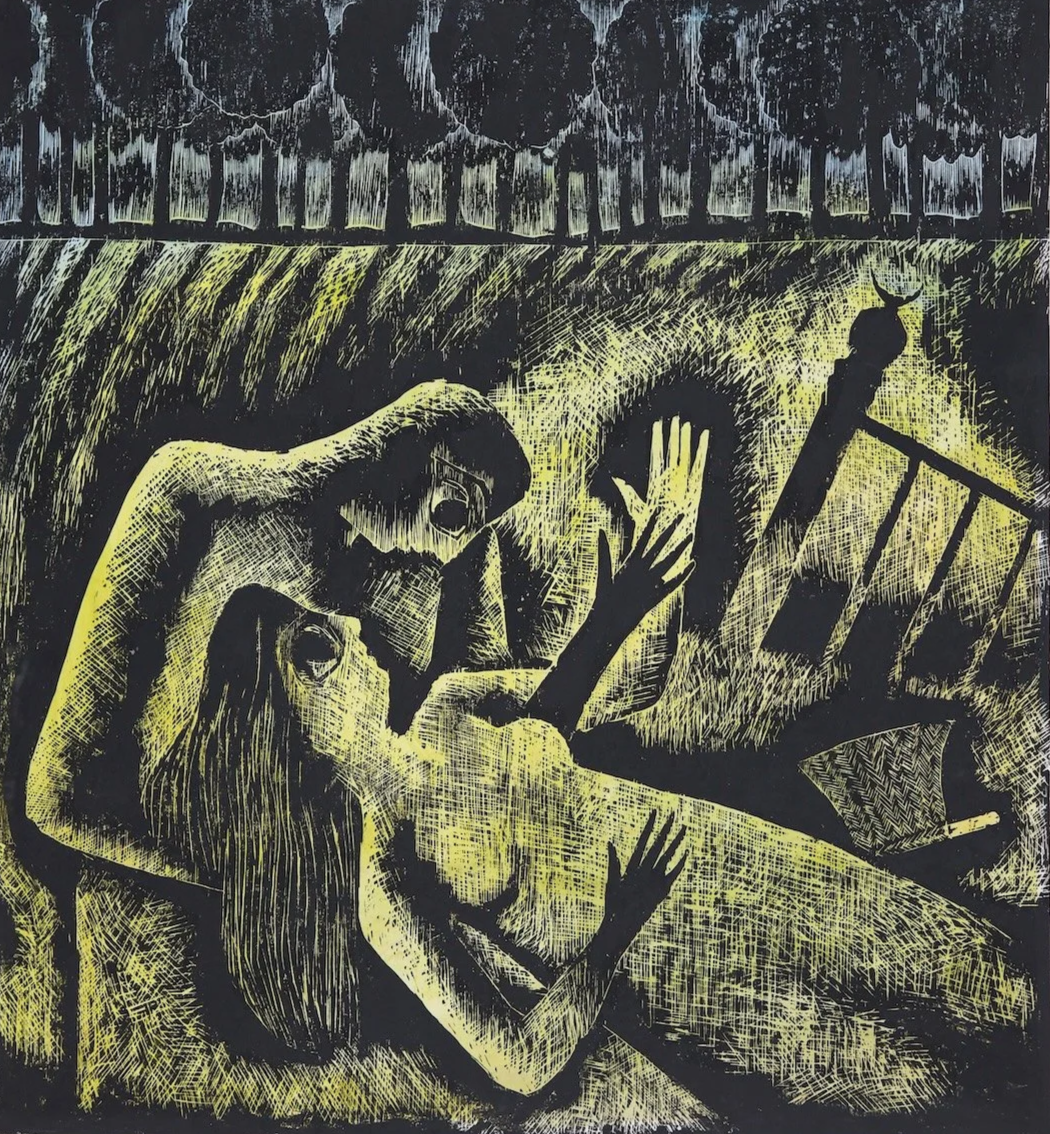 Black and yellow art depicting two figures, one with long hair and the other with short hair, in an energetic pose with arms raised, surrounded by abstract shapes and lines.