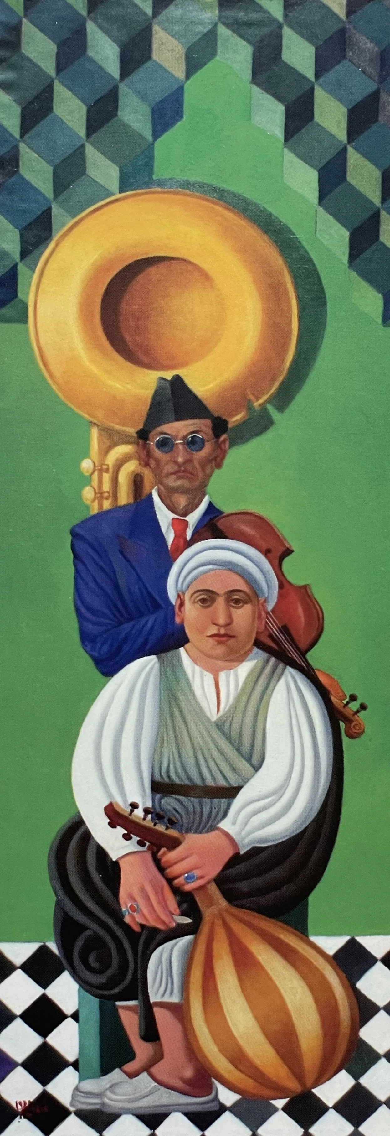 A colorful painting of two musicians, one holding a violin, with a large golden horn in the background and a geometric green and black pattern.