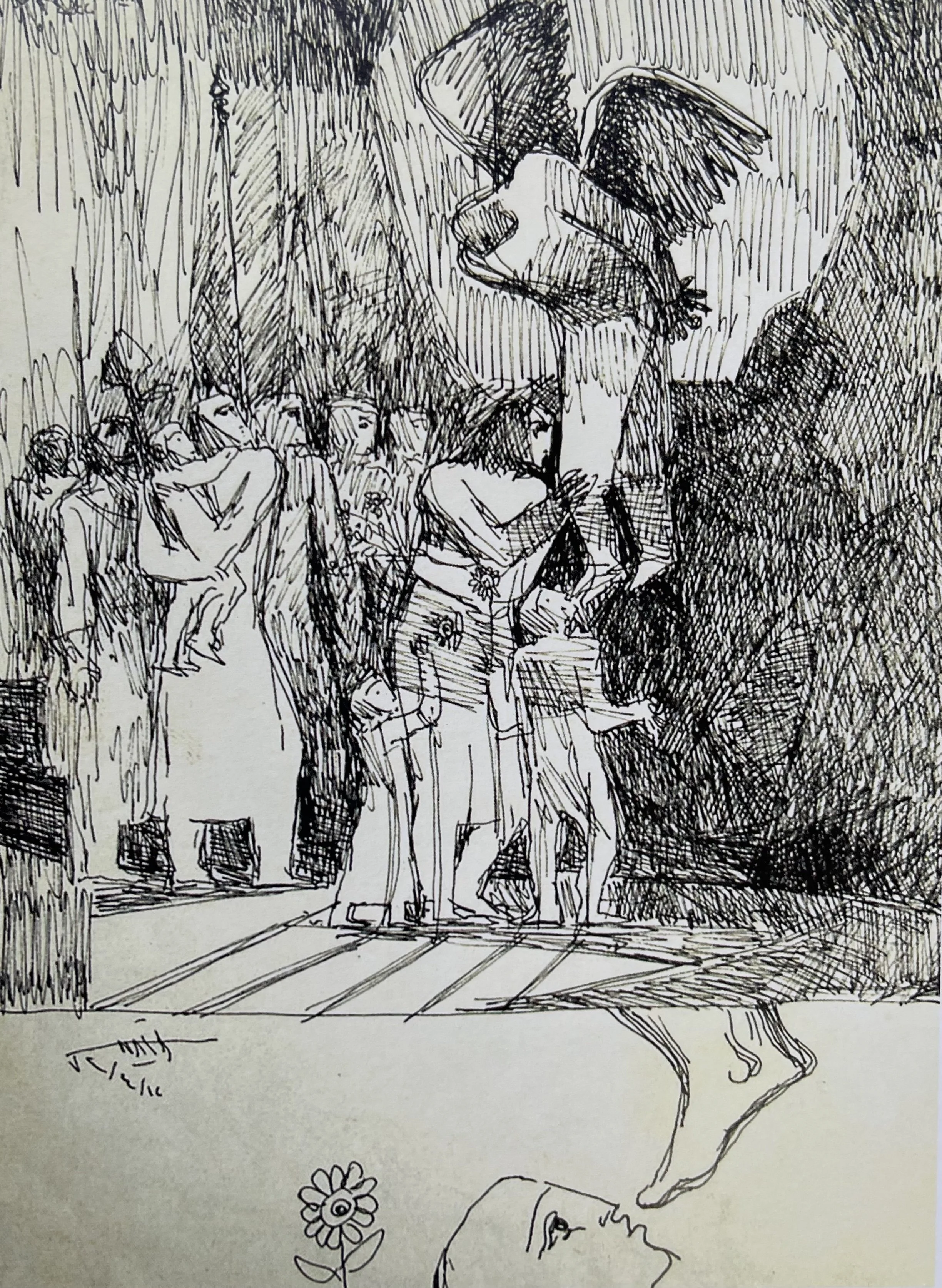 A black and white sketch of a group of people standing in front of a large animal with wings, resembling a mythical creature, in a wooded or outdoor setting. One person is lying down at the bottom of the image, looking up.
