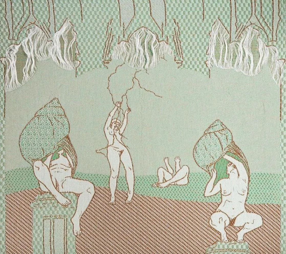 Line drawing of four nude women engaging in bathhouse activities. Two women carry baskets on their heads, one woman appears to be getting out of a tub, and another is sitting on a stool, holding a basket of towels.