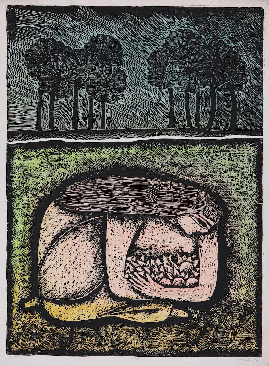 Artwork illustrating a landscape with trees in the background and an abstract creature with an open mouth filled with sharp teeth in the foreground.