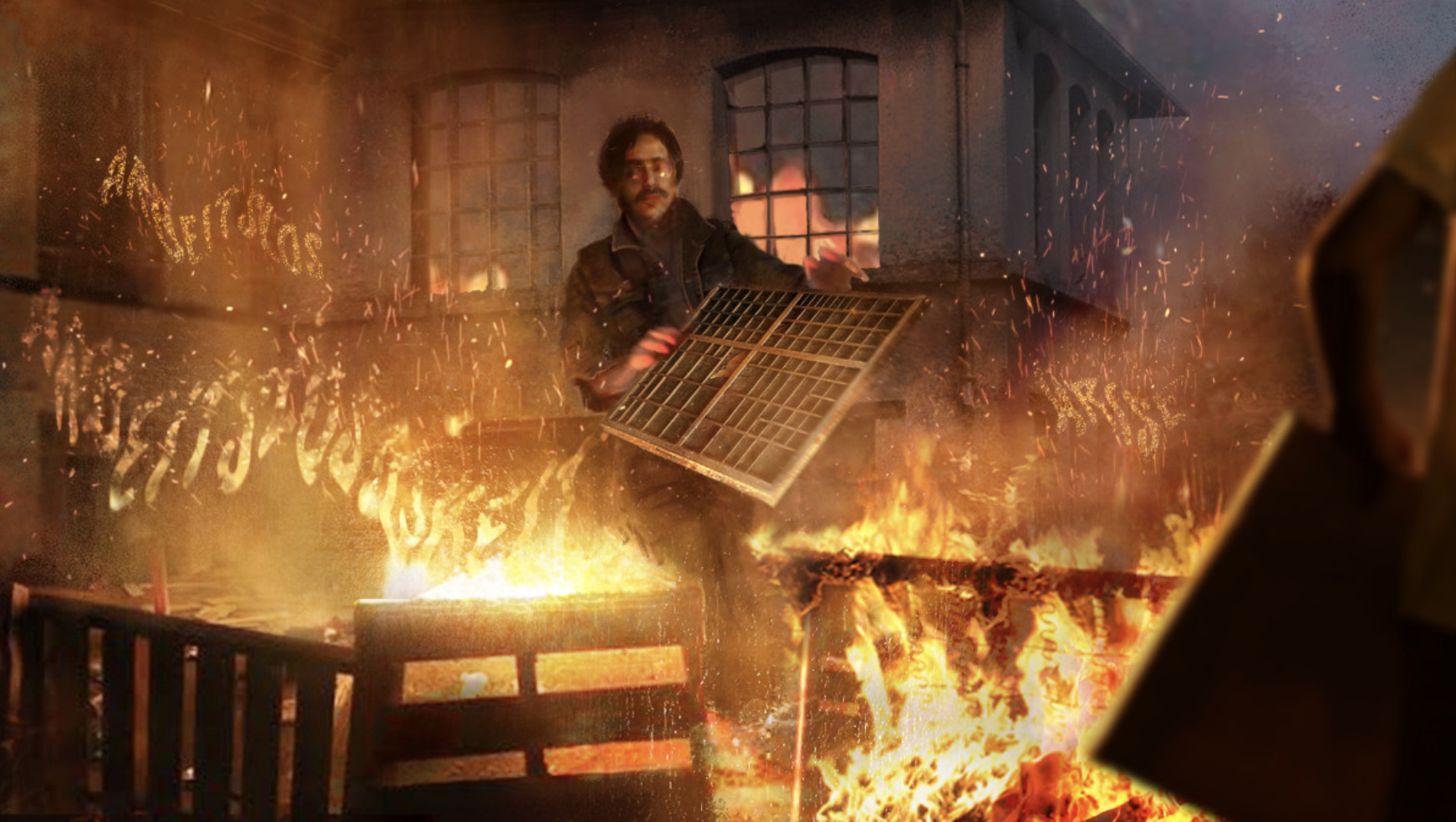 A man in a dark jacket with glasses and a mustache is holding a solar panel amid a chaotic fire scene inside a building. Fire and sparks are everywhere, with flames engulfing furniture and the background windows showing fire outside.
