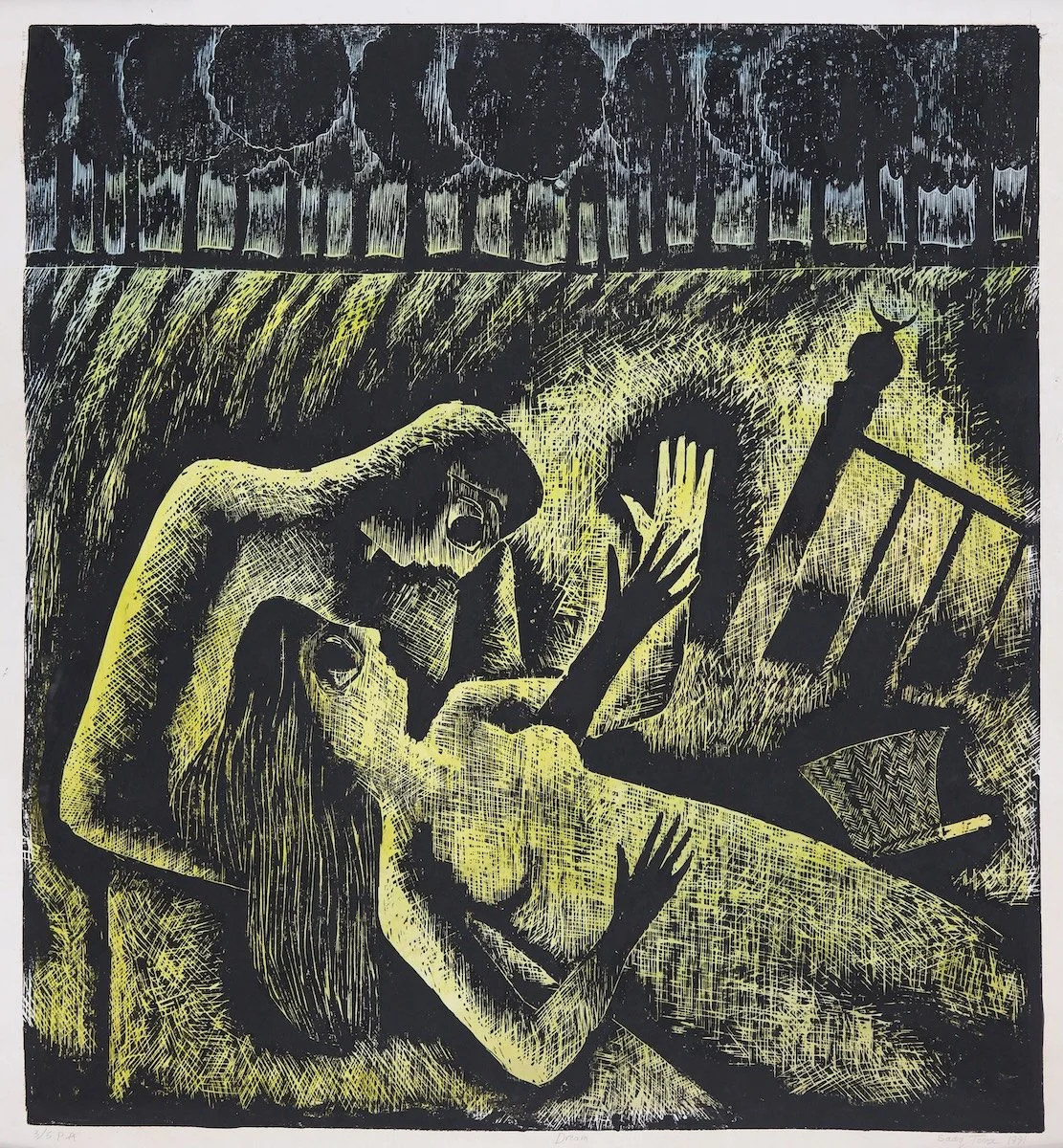 A black and yellow artwork depicting a woman lying on a bed, with her head turned to the side and her hair cascading down the bed. A man is leaning over her, with his face close to hers, both with surprised or shocked expressions. The background show