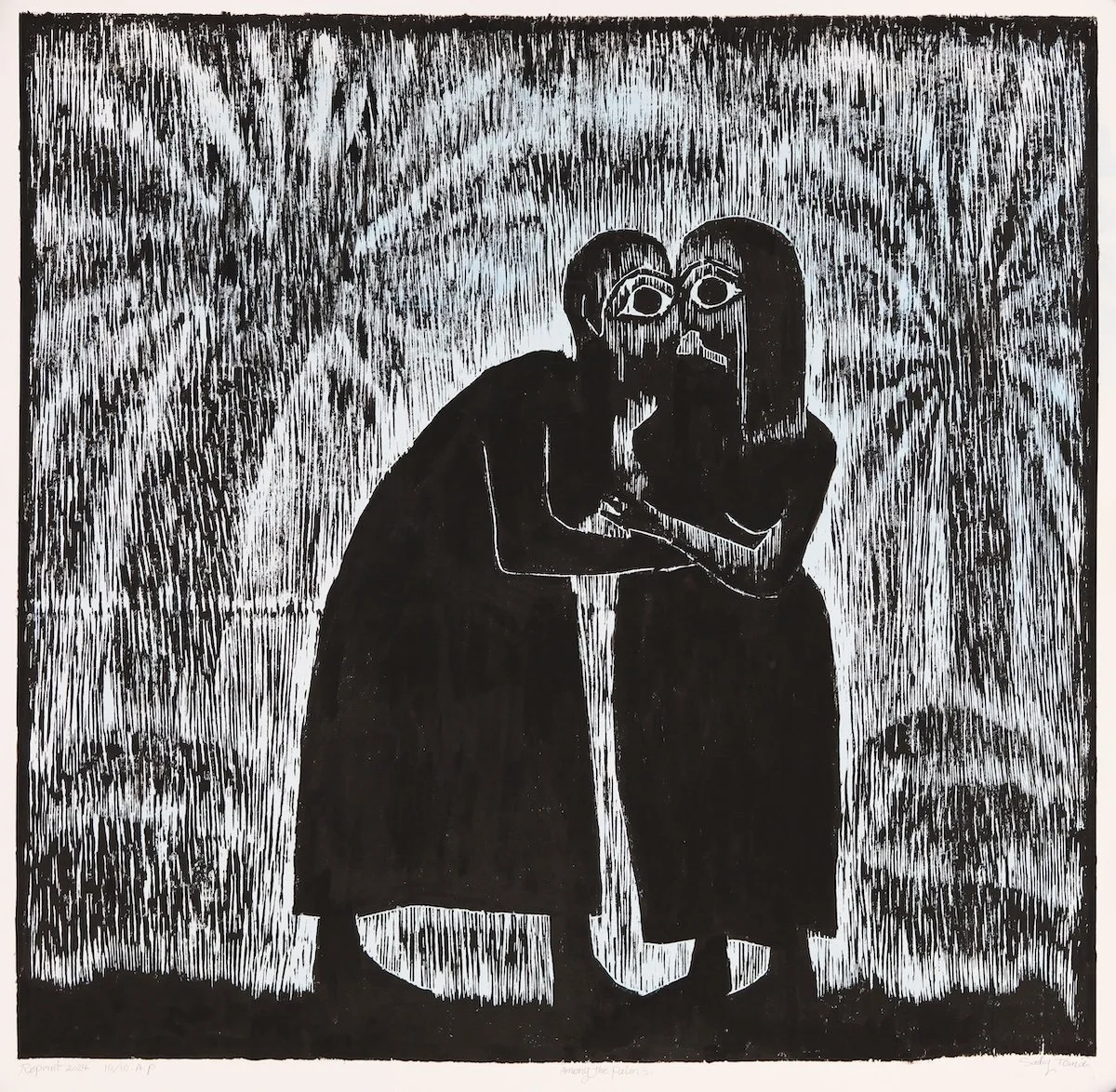 A black and white illustration of two figures holding a small object, with eyes wide open and tears streaming down their faces, surrounded by abstract lines and shapes.