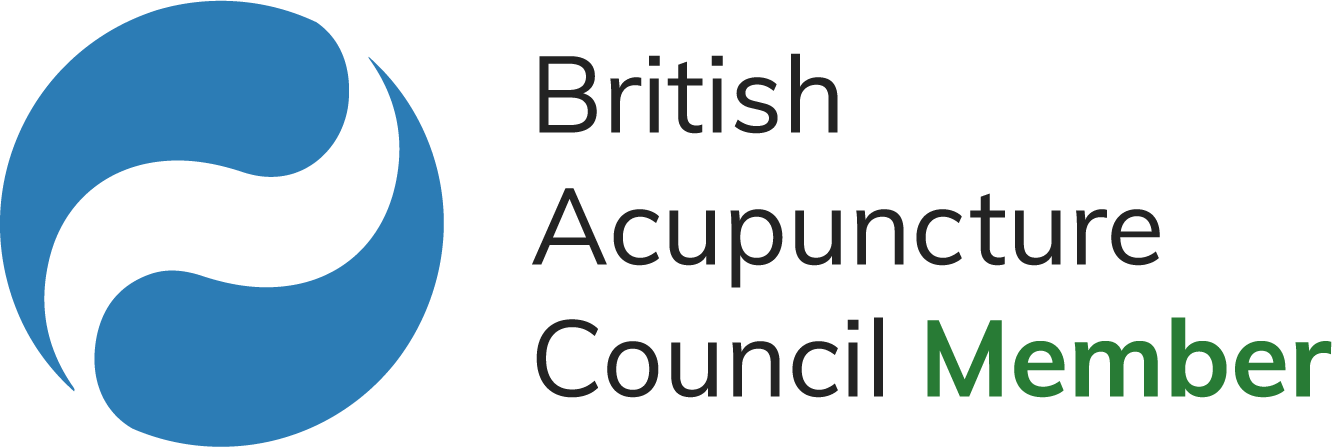 Logo of British Acupuncture Council, featuring a circular symbol with blue and black yin-yang shapes and the text 'British Acupuncture Council Member' with 'Member' in green.