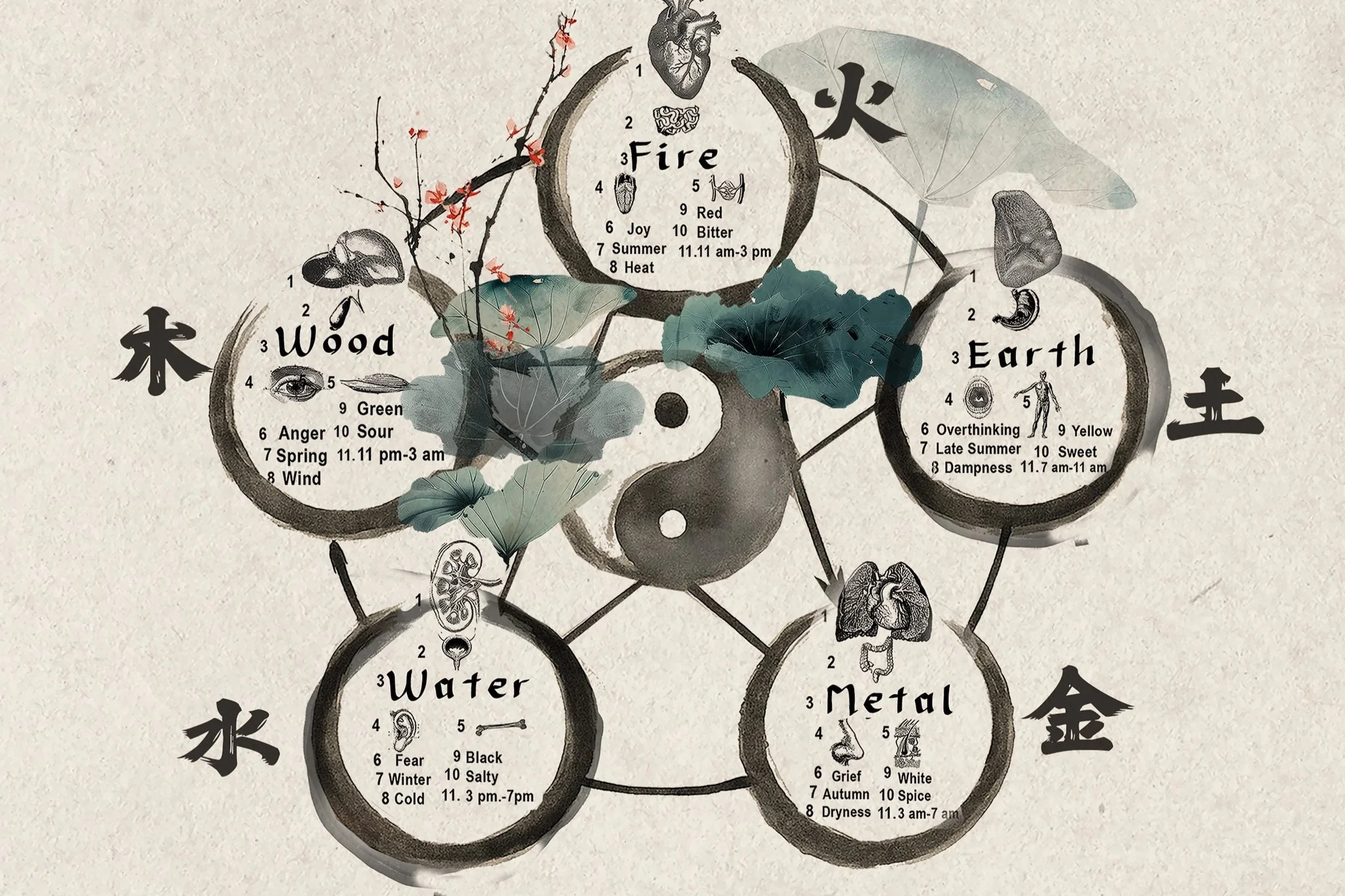 An illustrated chart depicting elements associated with the five Chinese elements: Fire, Wood, Water, Earth, and Metal. Each element is represented within a circle with associated characteristics and timings, connected by a flow diagram. Fire is linked to heart, brain, and summer, with attributes like joy, red, bitter, and specific times. Wood relates to eyes, anger, spring, and wind, with attributes of green, sour, and wind. Water connects to kidneys, fear, winter, and cold, with the colors black and salty. Earth is associated with stomach, overthinking, late summer, and dampness, with attributes yellow, sweet, and drowsiness. Metal is linked to lungs, grief, autumn, and dryness, with white, spice, and white lightning traits.
