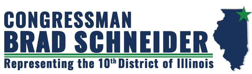 Graphic with text indicating Congressman Brad Schneider representing the 10th District of Illinois, with a map outline of Illinois and a green star marking the district.