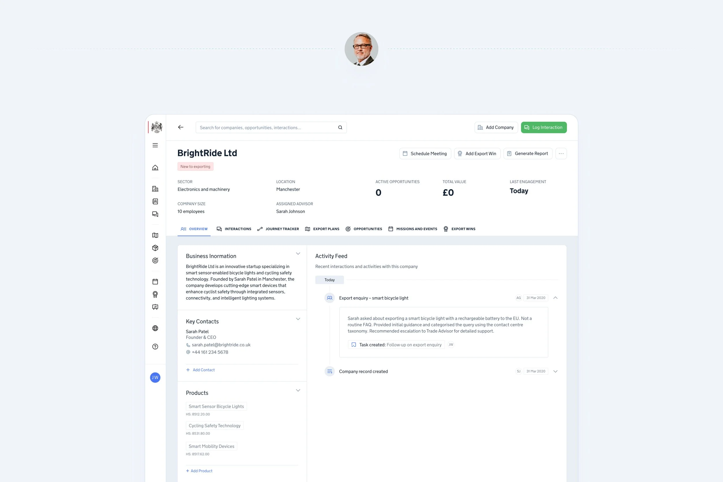 James sees BrightRide is in a priority sector and calls Sarah.