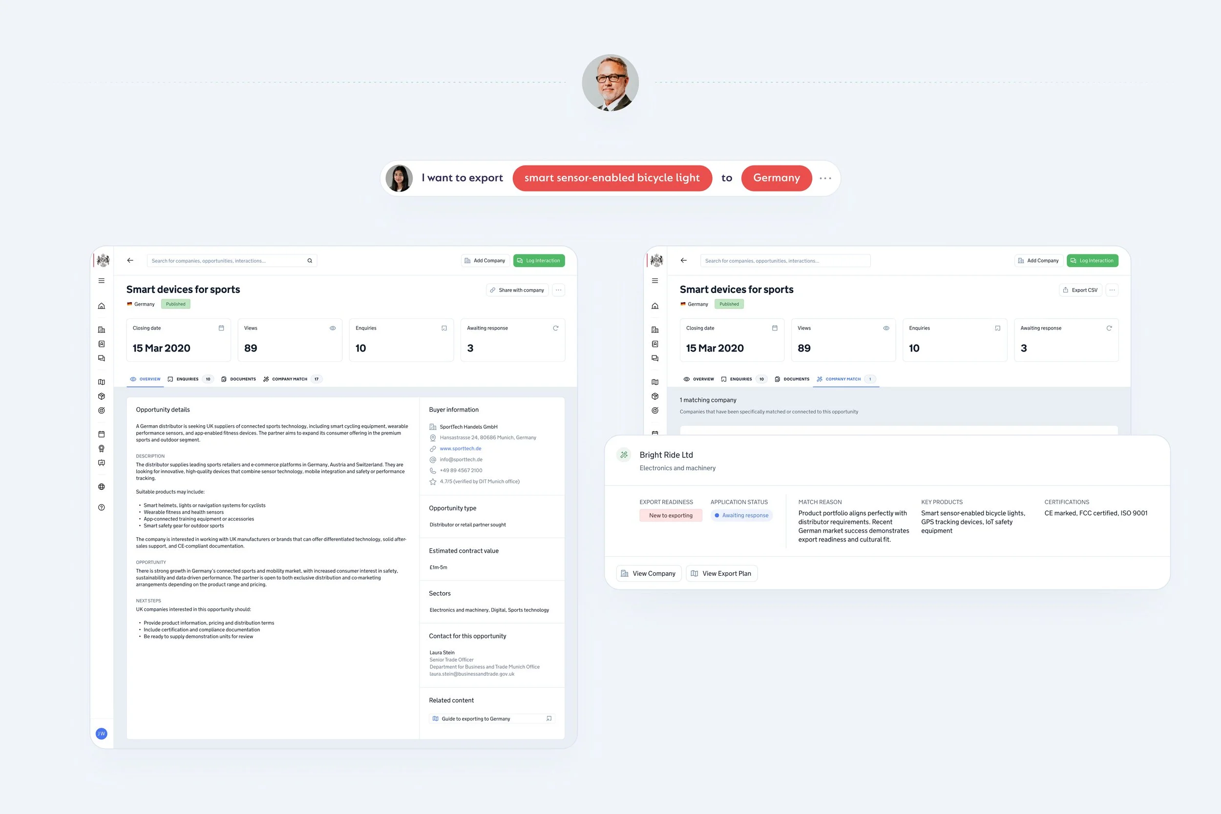 James finds relevant opportunities and pushes them to Sarah. Some matches are automatic through our backend intelligence.