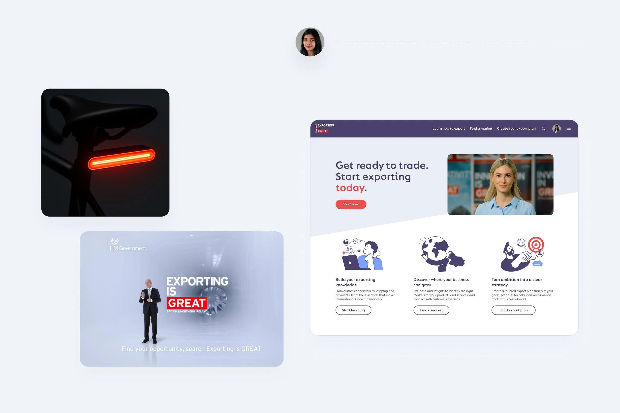 Sarah attends a government trade event and hears about great.gov.uk.
She goes online and starts learning about exporting for smart devices.