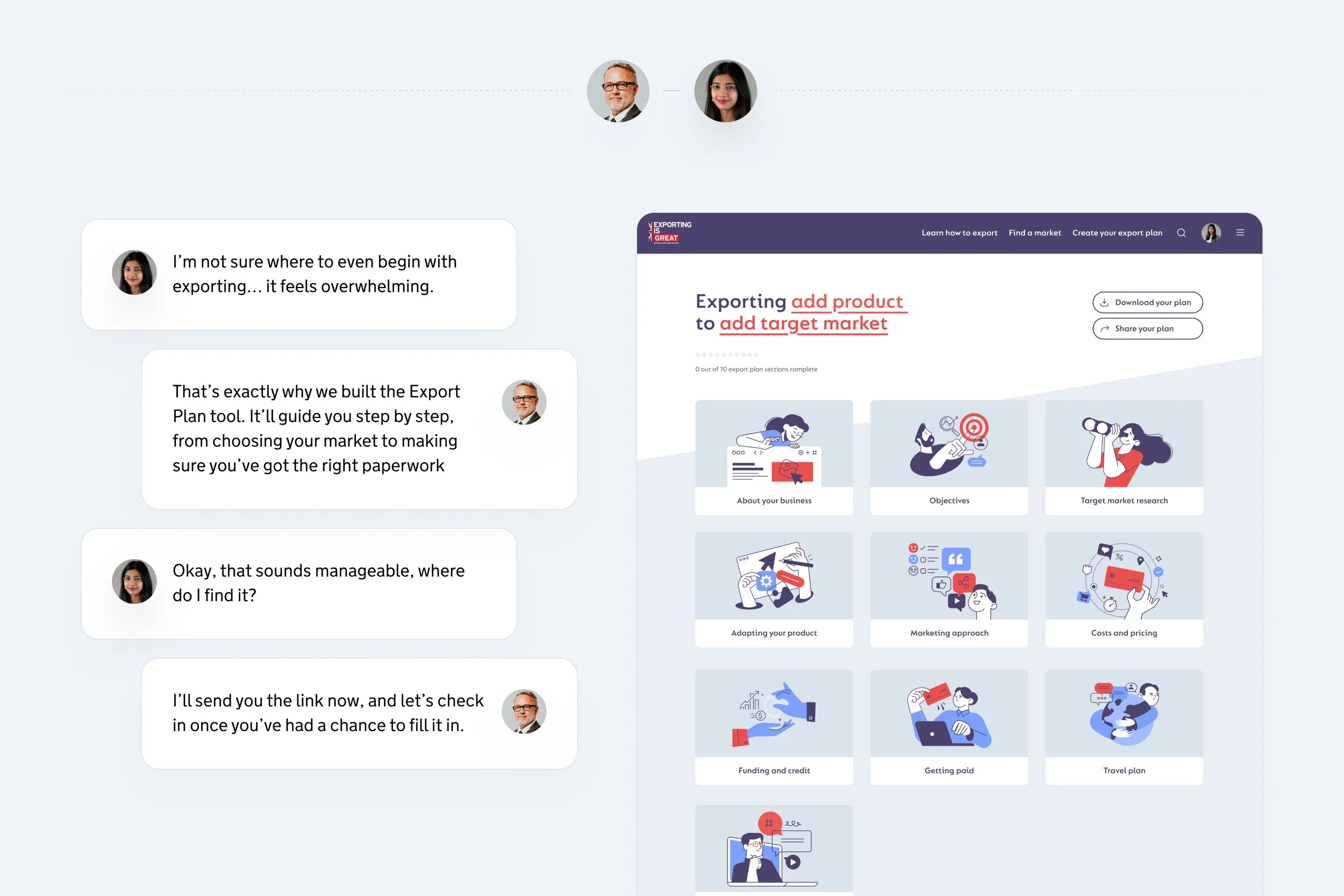 He guides her through the next steps and encourages her to complete the Export Plan.