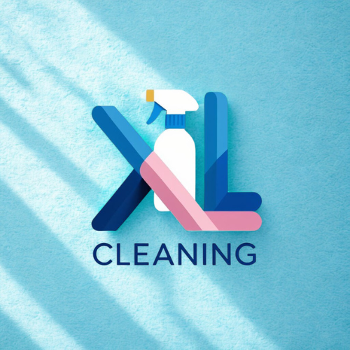 Graphic of cleaning supplies with spray bottle and cleaning tools arranged to form an 'X' shape, and the word 'CLEANING' below.