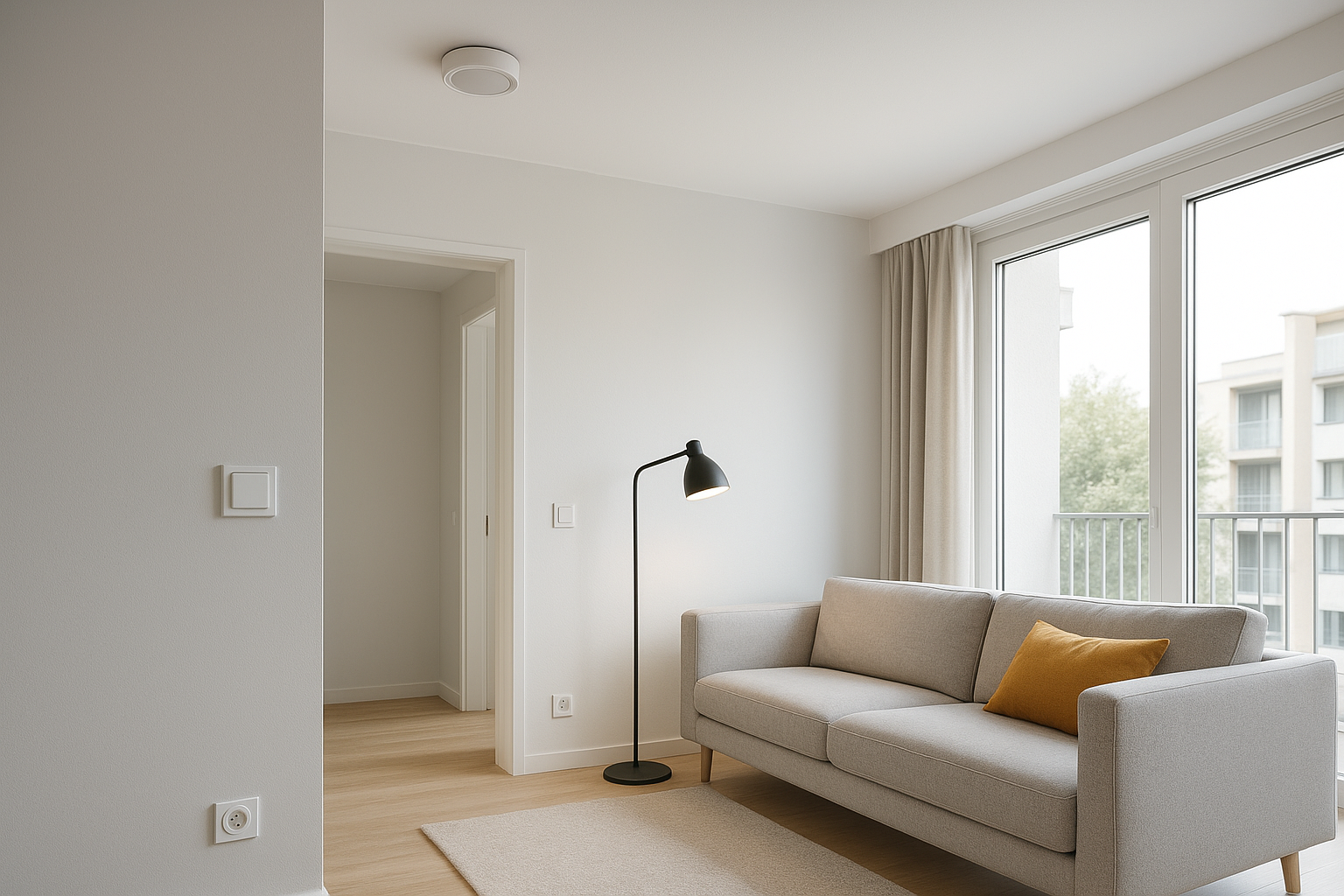 Moderne woonkamer met beige bank, zwarte vloerlamp, grote ramen met beige gordijnen en een lichte houten vloer.