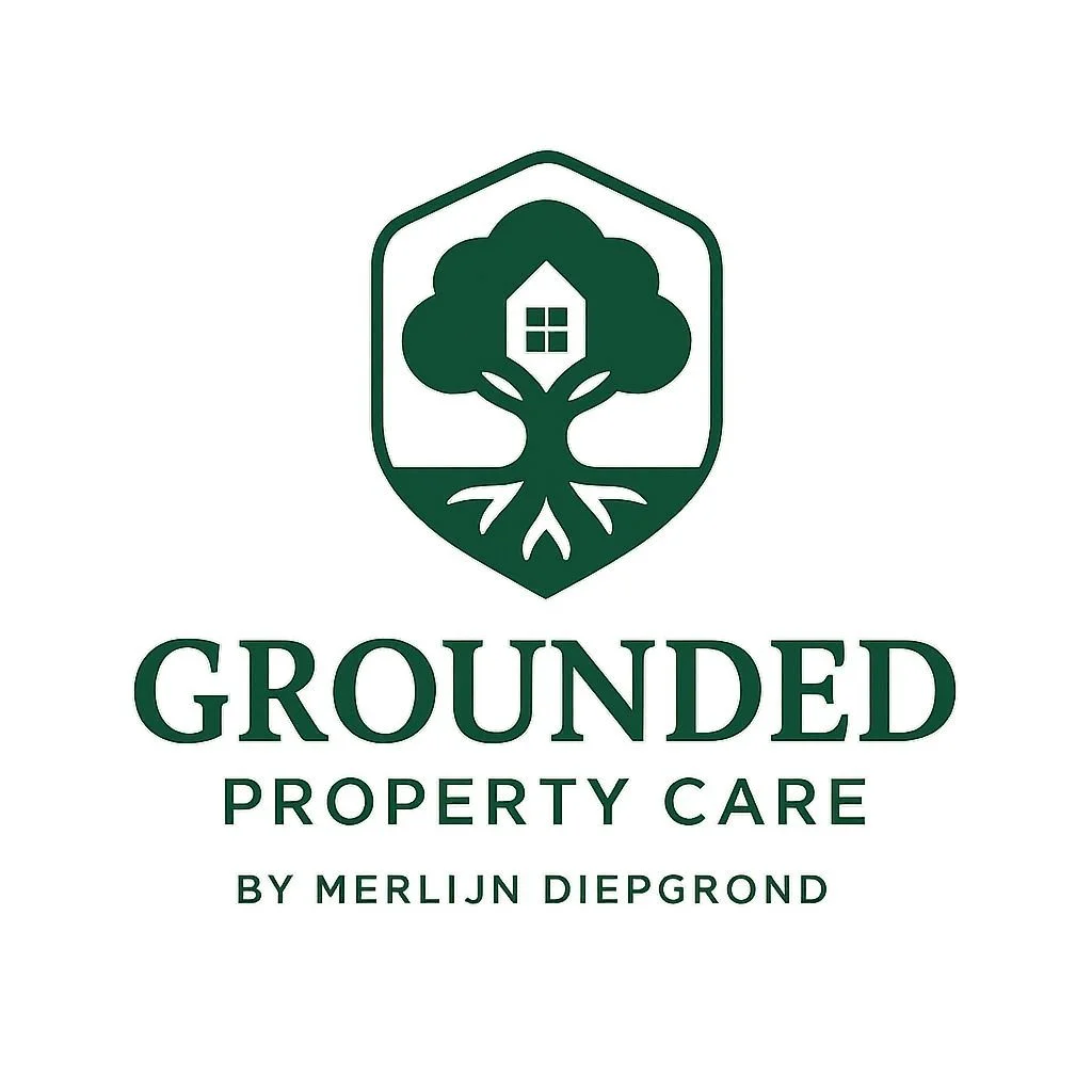 Logo van Grounded Property Care met een boom waaruit een huis en wortels groeien.