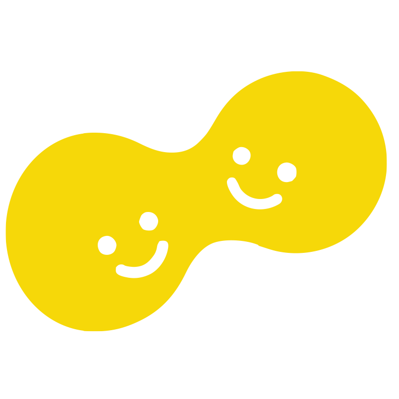 Cartoon illustration of two yellow smiling pills connected at the sides, resembling an infinity symbol.