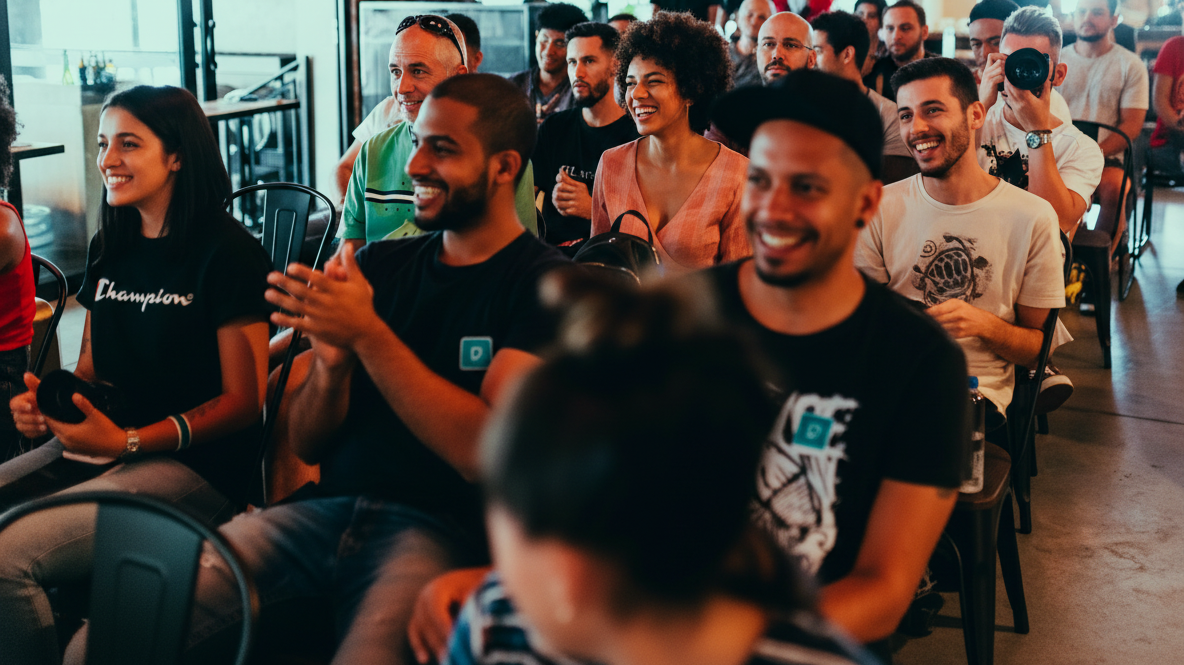 Group of people sitting in an indoor venue, smiling and laughing during a presentation or event.