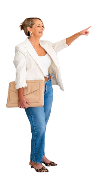Woman smiling, dressed in a white blazer, holding a beige clutch, and pointing to the right.