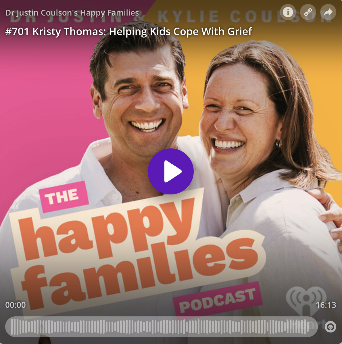 Cover art for the podcast 'The Happy Families' featuring a smiling man and woman hugging each other against a bright pink and yellow background. Text over the image includes the podcast title and episode details.