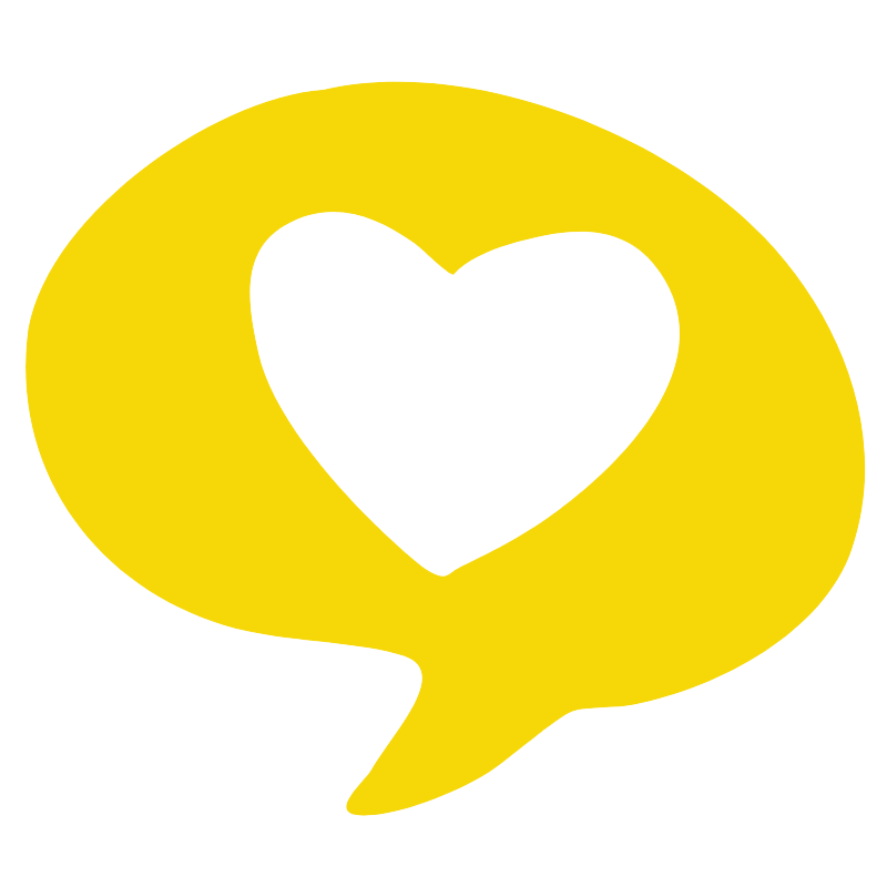 Yellow speech bubble with a black heart in the center.