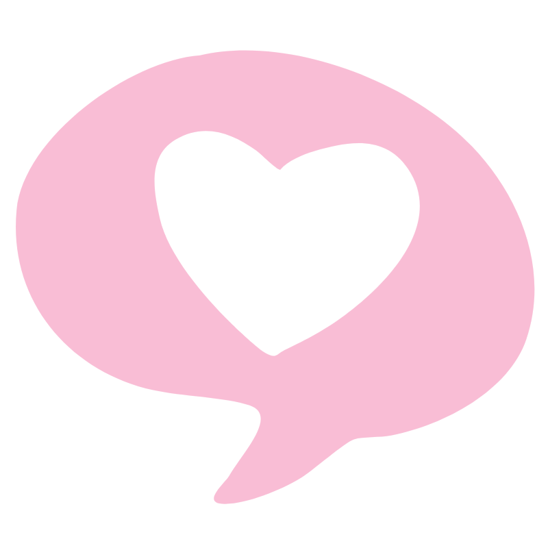 Pink speech bubble with a black heart inside.