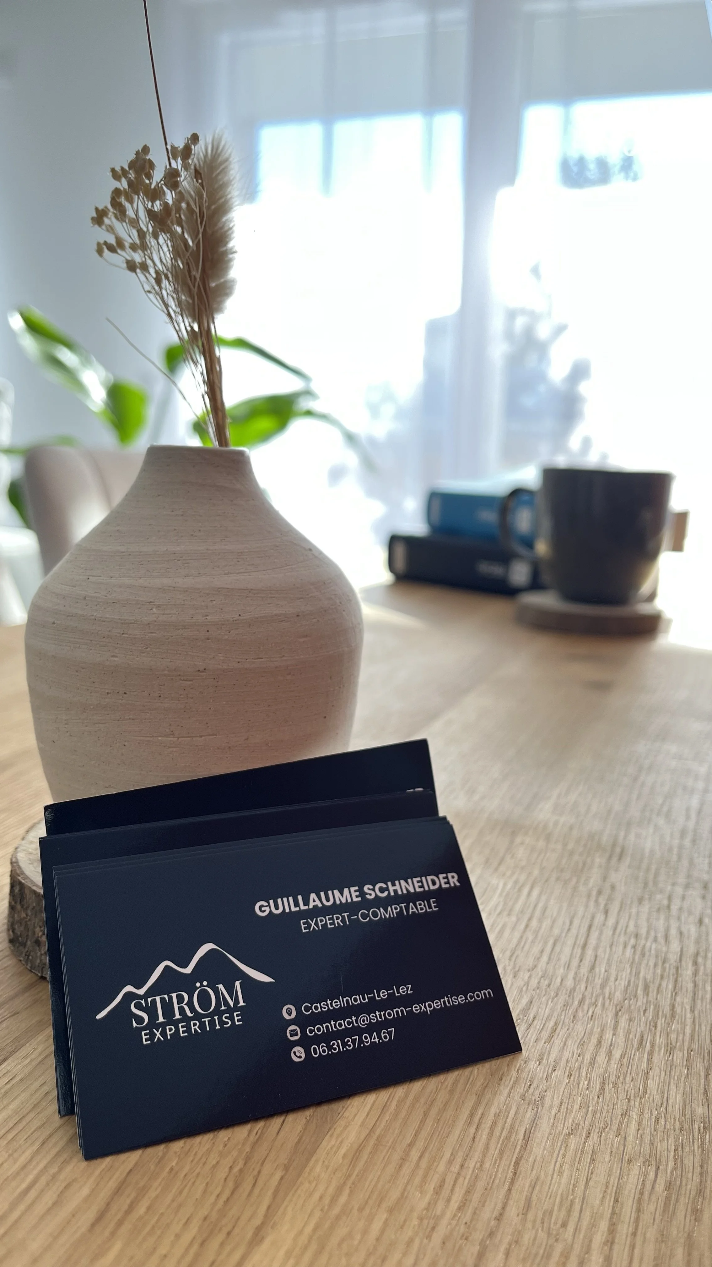 Une carte de visite de l'expert-comptable Guillaume SCHNEIDER du cabinet STRÖM EXPERTISE posée sur un vase contenant des fleurs séchées.