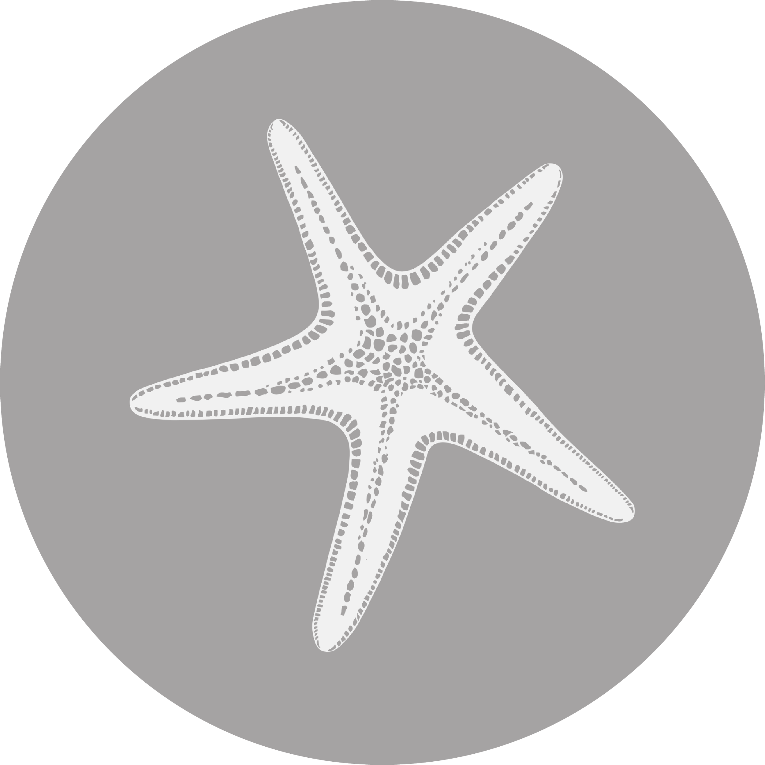 Black and white illustration of a starfish on a gray circular background.