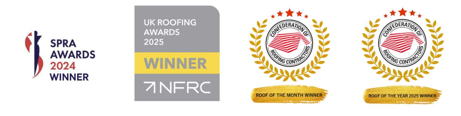 A graphic displaying awards from the UK Roofing Awards 2025, with a logo indicating a win for the SPRA Awards 2024, and two emblems from the Confederation of Roofing Contractors, including titles for 'Roof of the Month Winner' and 'Roof of the Year 2025 Winner'.