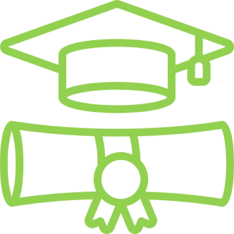 Outline illustration of a graduation cap and a diploma scroll in green