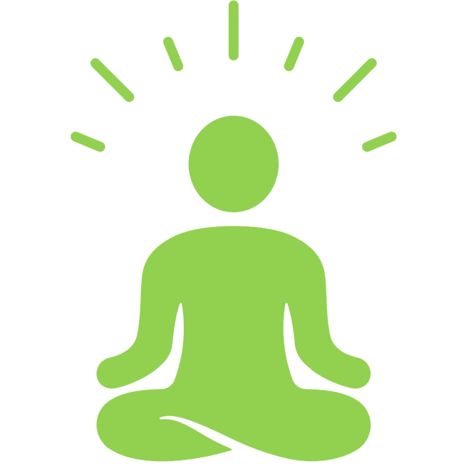 Green stylized figure of a person meditating in a lotus position with lines radiating from their head, representing enlightenment or mindfulness.