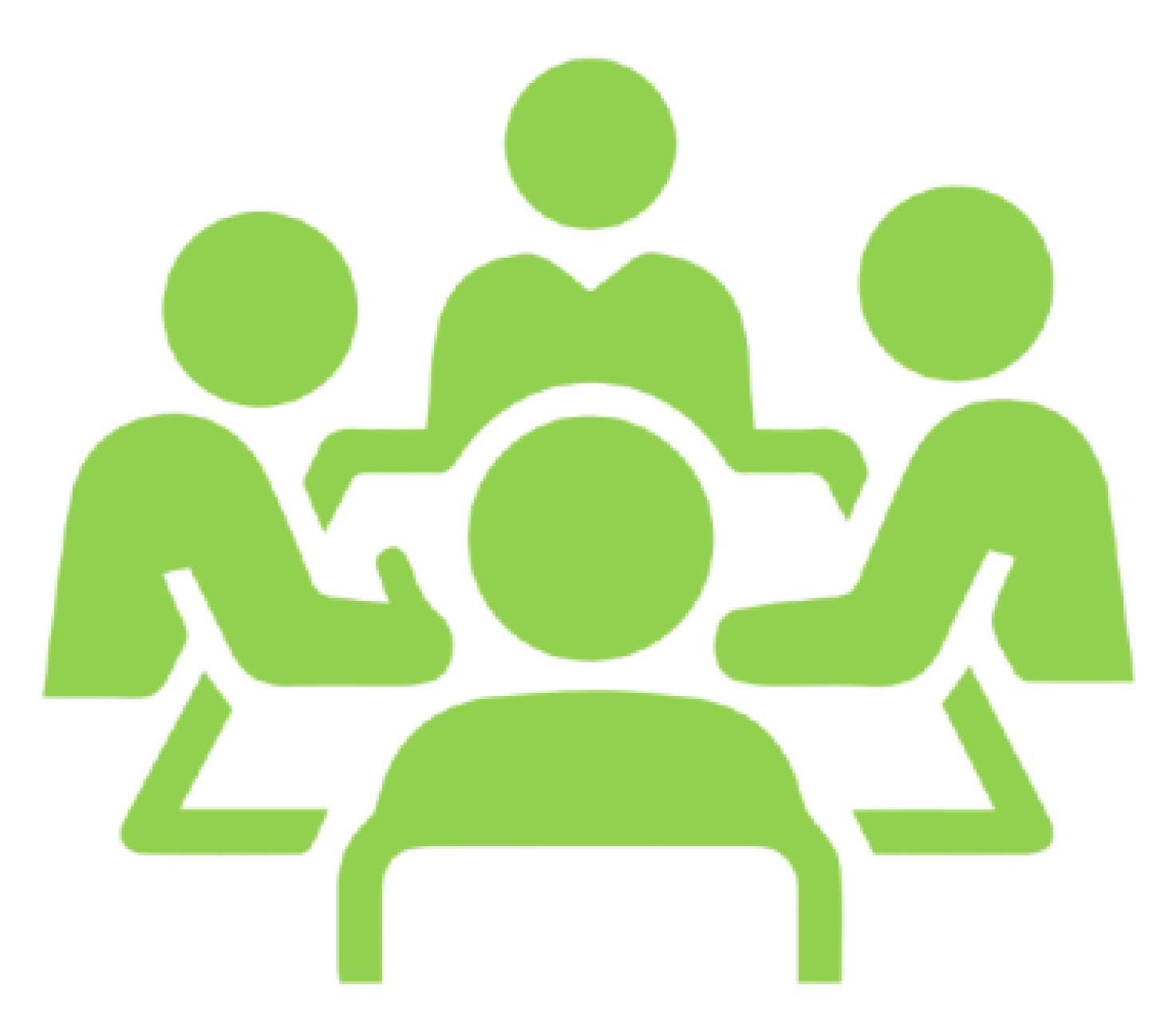 A green icon depicting five people sitting at a conference table, with one person standing and speaking in front of them.