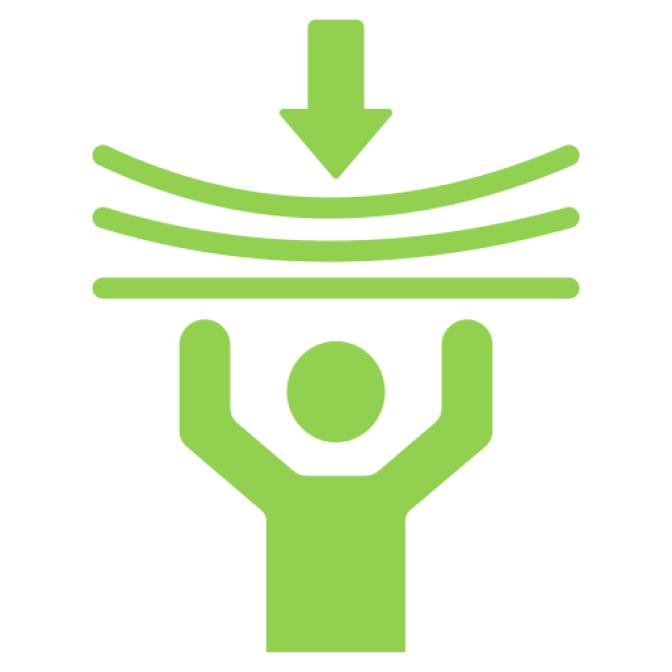 Green icon of a person holding a stack of curved lines with a downward arrow above