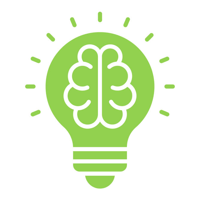 A graphic illustration of a green light bulb with a brain inside, symbolizing ideas and intelligence.