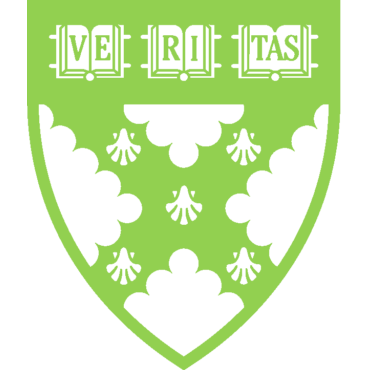 A shield-shaped emblem with the word 'MERITAS' at the top and decorative black floral patterns below on a green background.