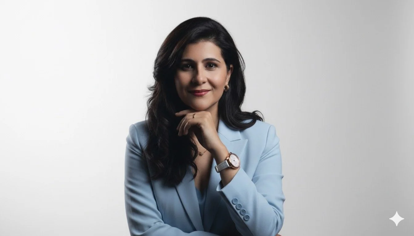 Portrait of a woman with dark hair wearing a light blue blazer and watch, smiling and resting her chin on her hand against a neutral background.