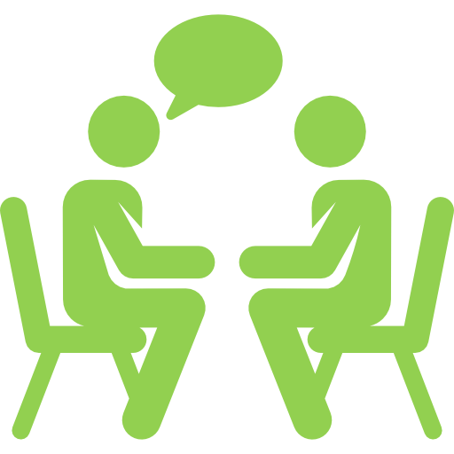 Illustration of two people sitting across from each other at a table having a conversation, with a speech bubble above them.