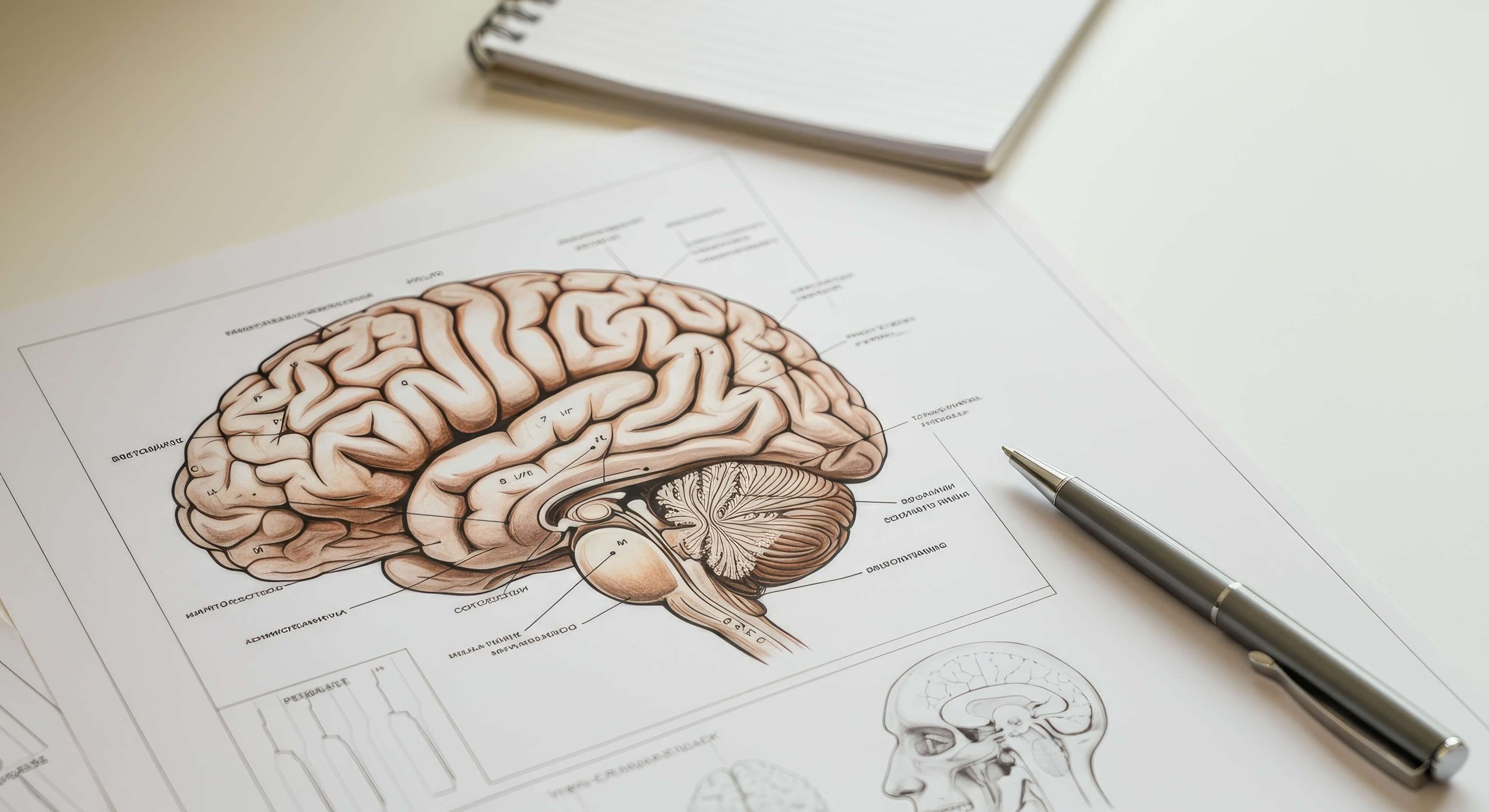 Illustration of a human brain on paper with a pen nearby, with a notebook in the background.