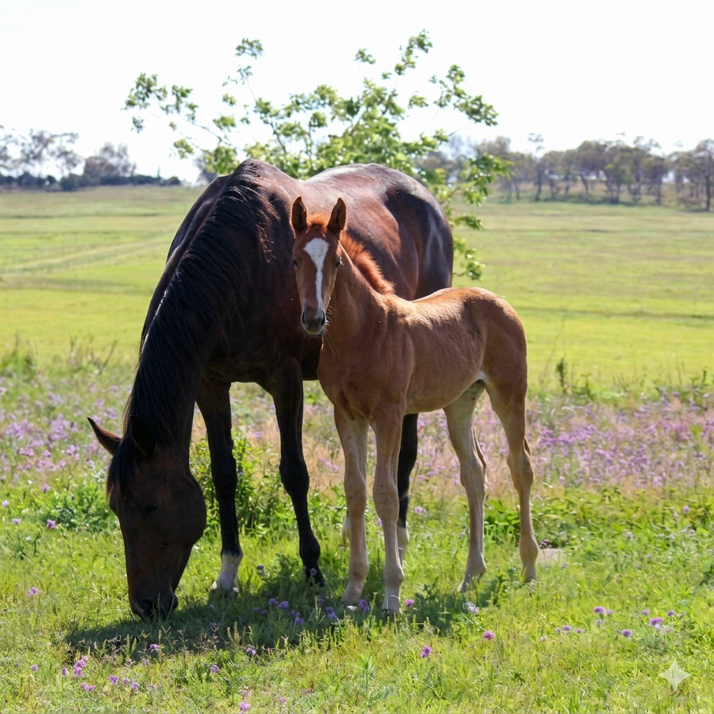 A mare and foal grazing in a field. Horse breeding. Equine reproduction. Horse veterinarian.