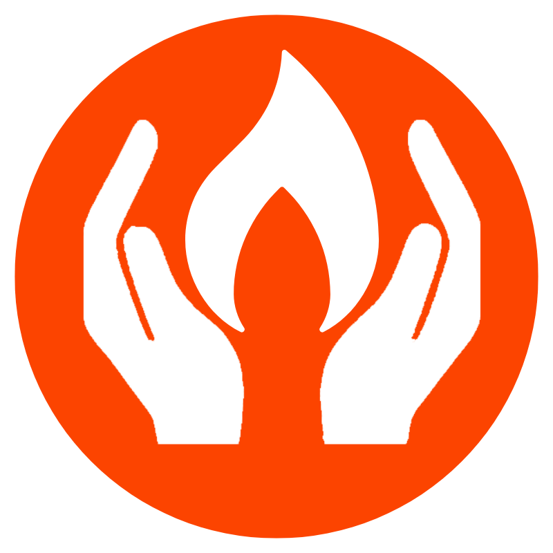 White hands surrounding a flame symbol on an orange background.