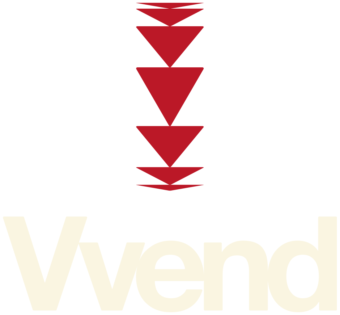 A stylized logo with a vertical arrangement of red triangles above the word 'Vvend' in cream-colored text.