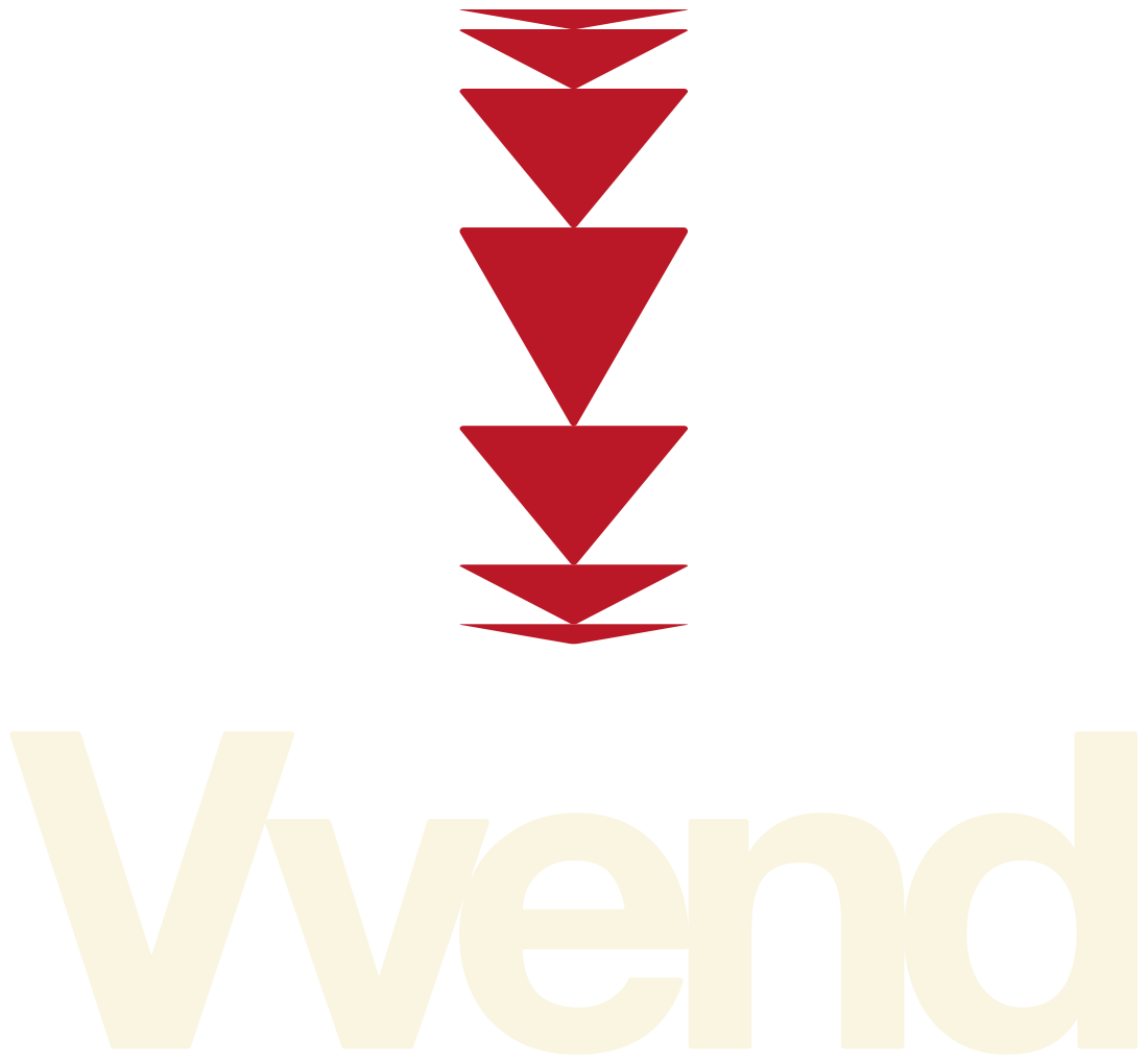 Vendo logo with a stylized red downward-pointing triangle design above the word 'Vendo' in cream-colored letters.