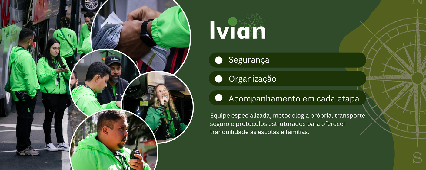 Imagem com várias pessoas vestindo coletes verdes, em uma equipe de transporte escolar, utilizando rádios comunicadores e telefone, aderindo a protocolos de segurança e organização para tranquilidade de escolas e famílias.