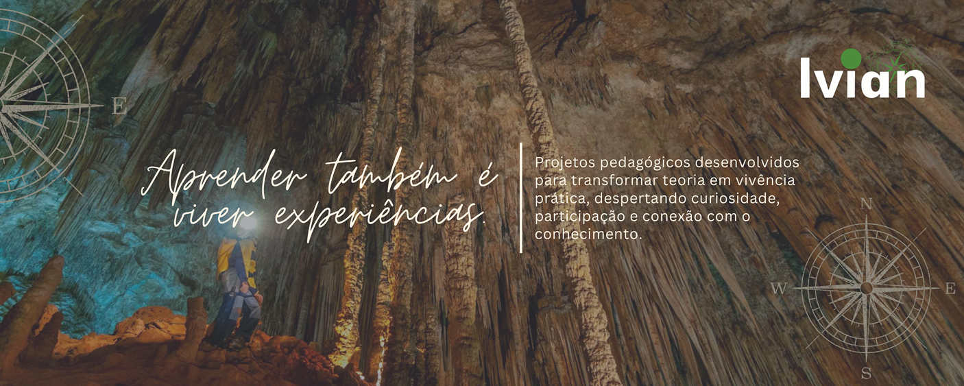 Pessoa explorando uma caverna com estalactites no teto, iluminada por luzes artificiais, com um compasso gráfico no canto direito e logotipo "Ivian" no canto superior direito.