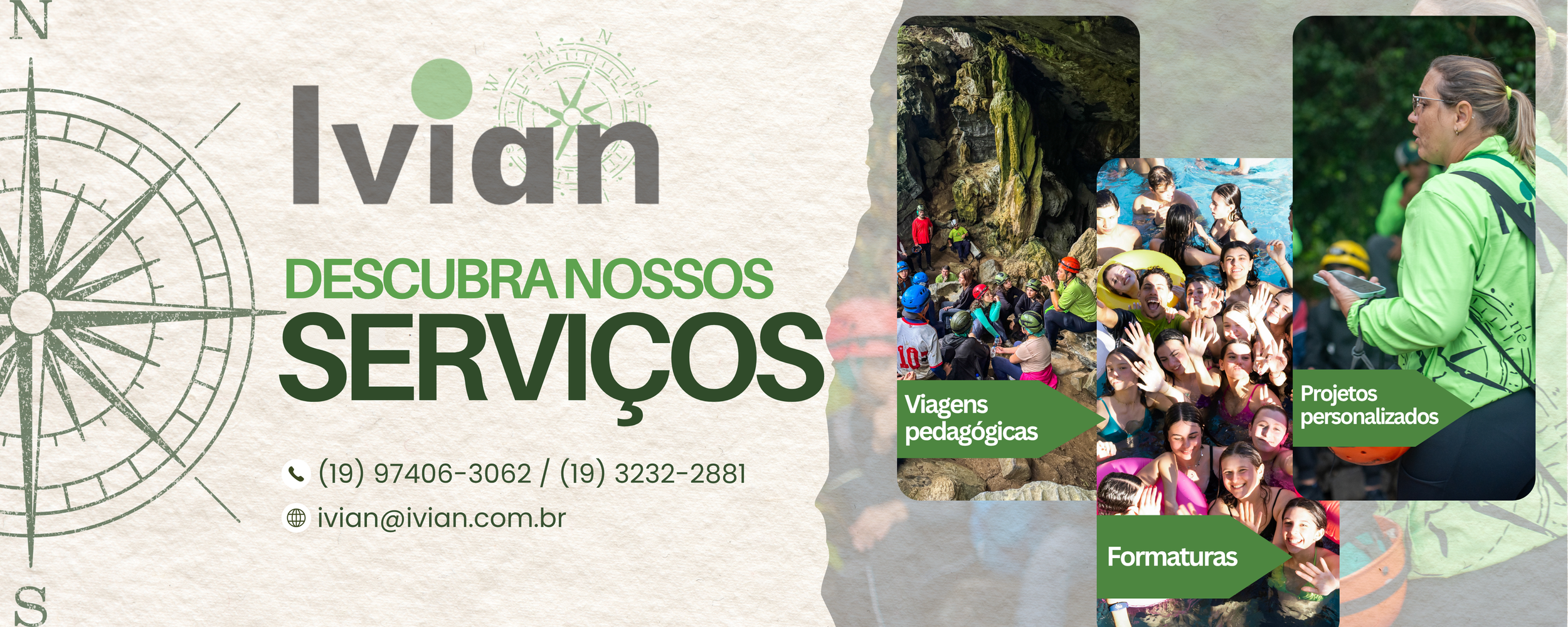 Cartaz de promoção de serviços de turismo de aventura, com foco em viagens pedagógicas, projetos personalizados e formações, incluindo fotos de grupos em cavernas, piscinas de aventura e trilhas.