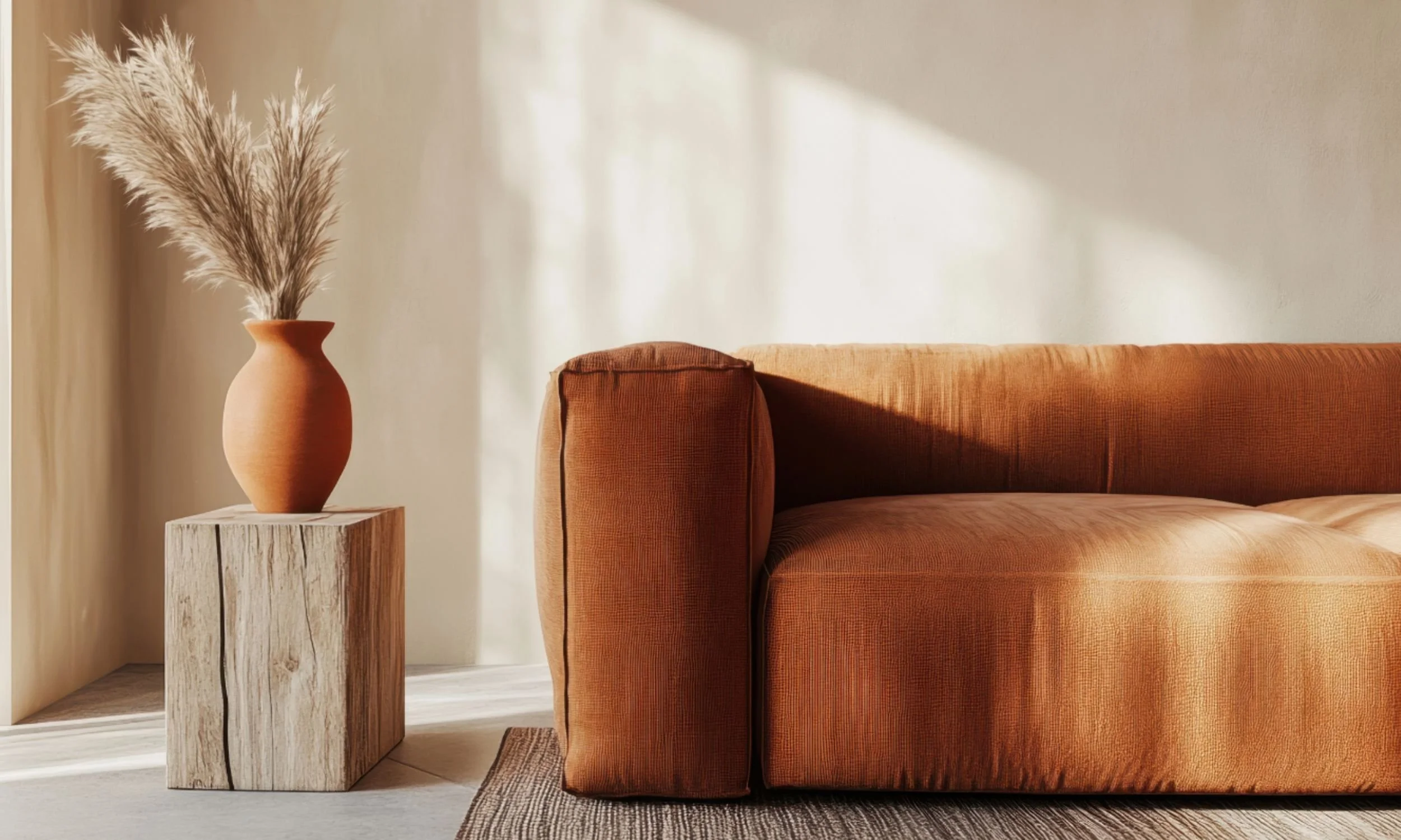 Living room corner with a burnt orange sofa, a wooden side table, and a beige vase with dried pampas grass, illuminated by soft natural light representing calm and support for high-achieving professionals to manage stress.
