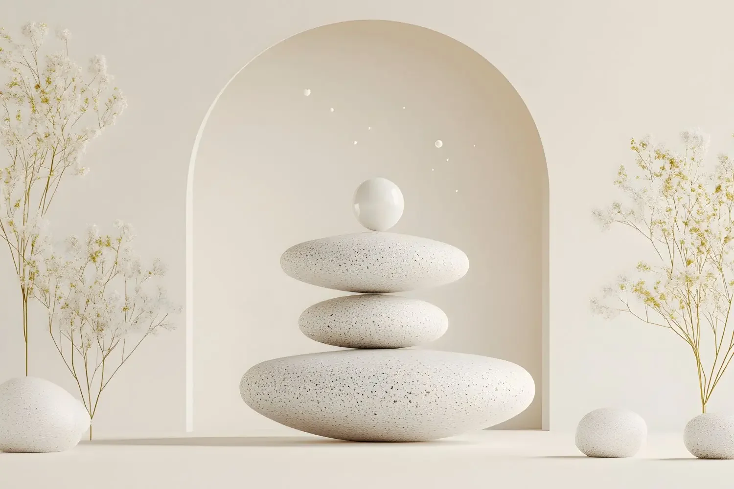 Minimalist arrangement of five white stones stacked, set against a cream background symbolising the steady and evidence-based professional background of Clarashi.