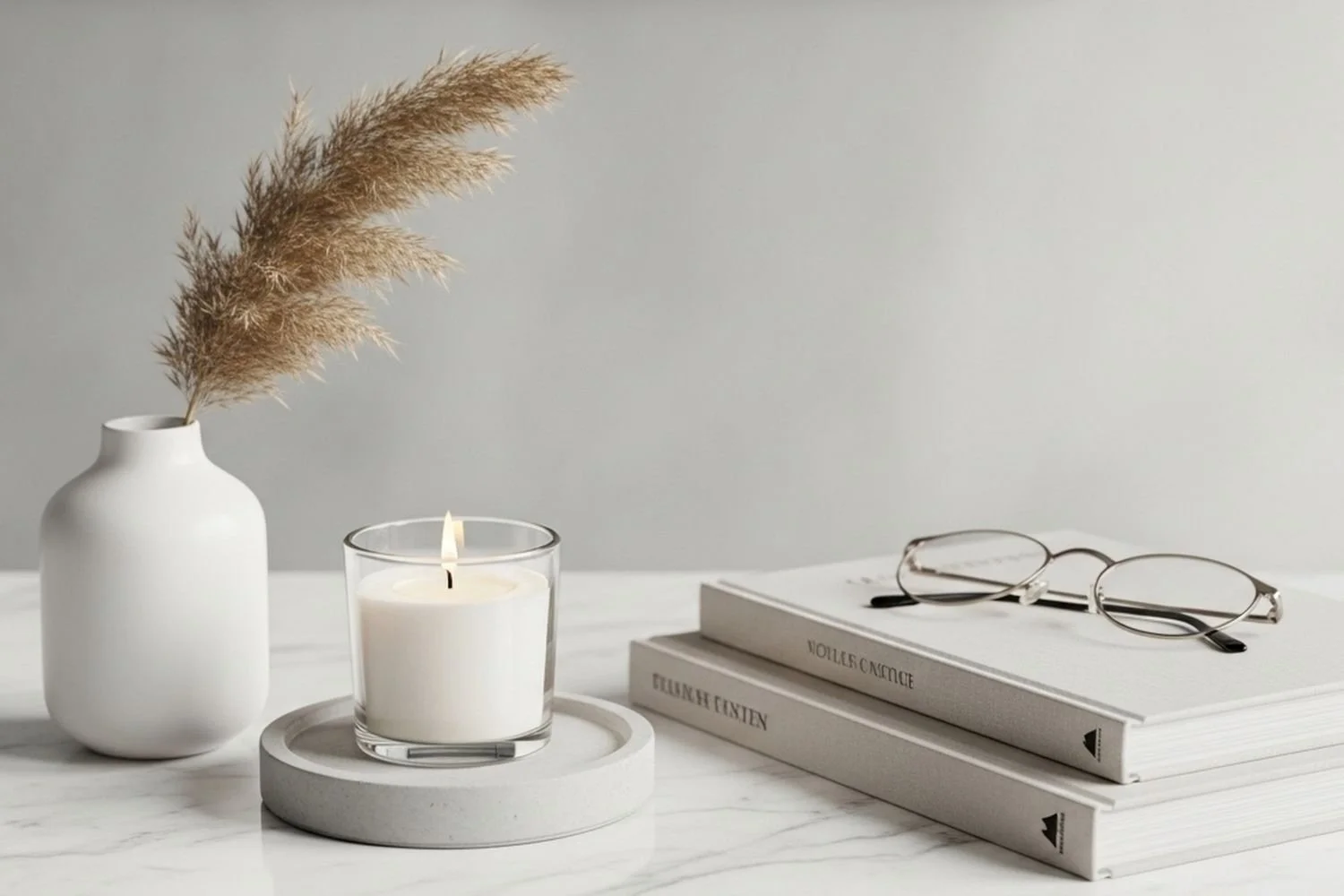 Minimalist desk arrangement with a white vase holding dried grasses, a lit white candle in a glass holder, and three stacked white books representing calm, reflective practice and professional integrity of Clarashi's therapeutic and coaching work.