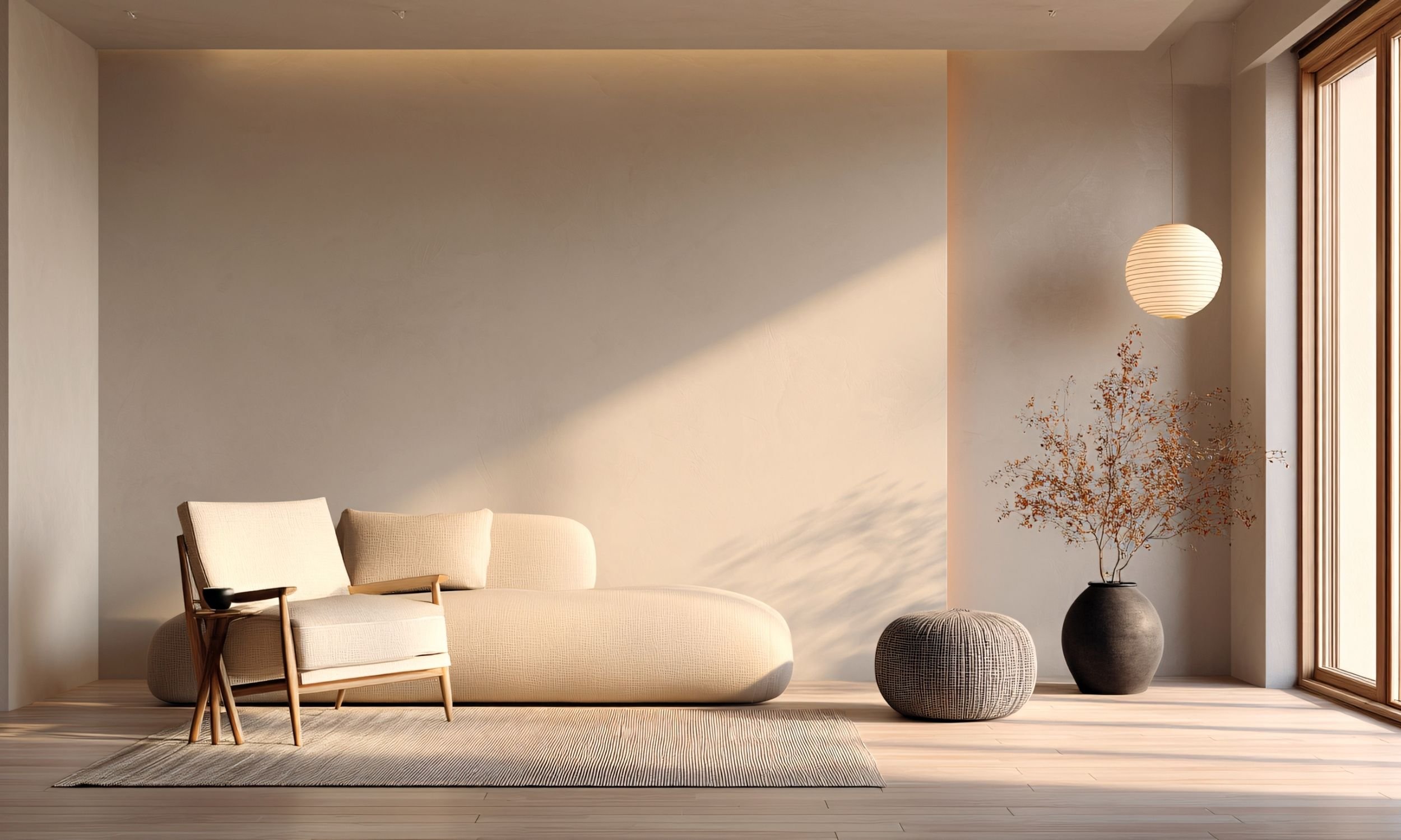 Minimalist living room interior, with natural light, with neutral coloured sofa and chair, representing a calm, grounded space for overwhelemd professionals seeking cognitive clarity.